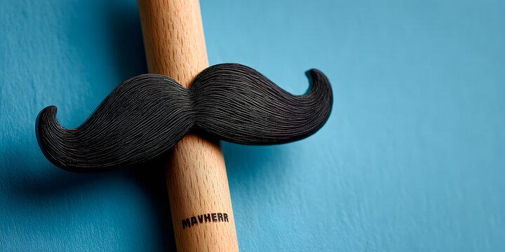 Black moustaches on wooden stick on blue background. Healthy Lifestyle, Supporting the "Movember" movement within initiatives focused on men's health. Banner with copy space