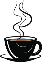 Hot coffee cup with steam rising, bold thick black outline, white background 3
