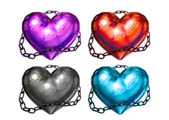 Four colorful hearts chained isolated on transparent background