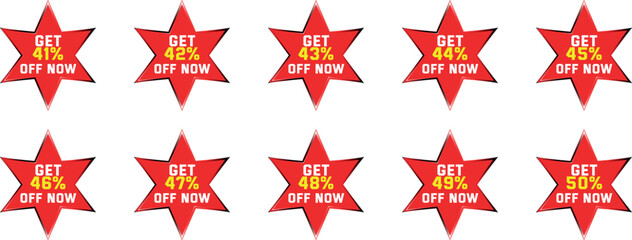 Red star badges with discount percentages from 41 to 50 percent off sale