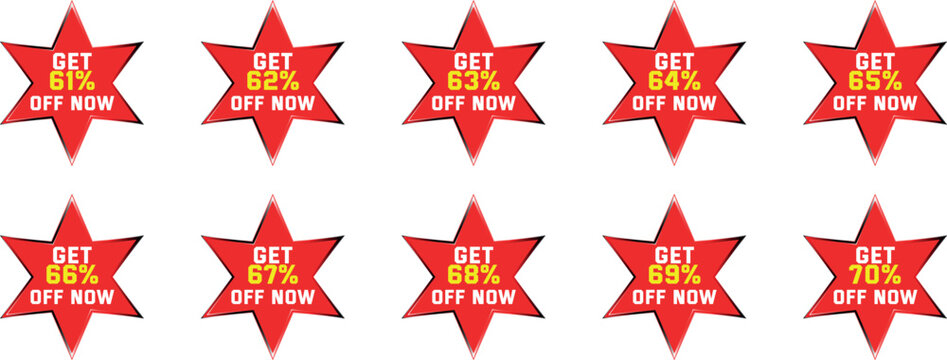 Ten Red Star Badges With Percentage Discounts From 61 To 70 Percent Off sale