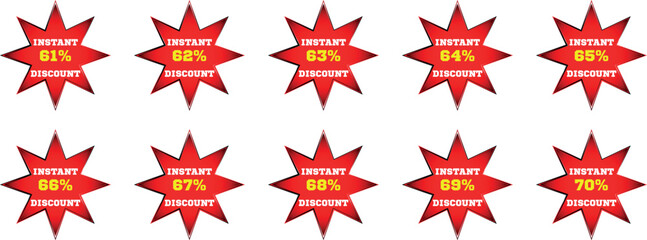 Ten Red Starburst Badges Showing Instant Discount Percentages from 61 to 70 sale offer