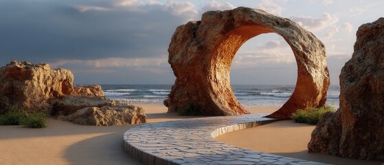 Fototapeta premium Find peace walking through this surreal beach portal to a dreamlike ocean sunset landscape view