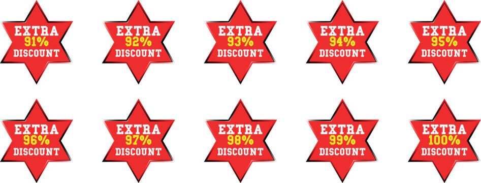 Ten red star badges with text E X T R A 91% to 100% D I S C O U N T discount sale