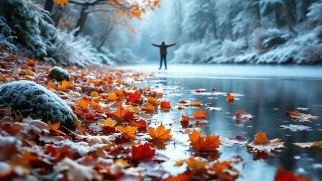 Solitary figure embracing nature in a transitional landscape of autumn leaves, snow, and a frozen river