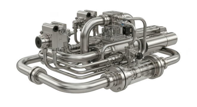 Complex mechanical engine component with pipes and valves isolated on white isolated on transparent background