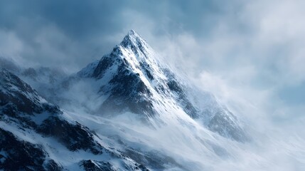 A dramatic snow covered mountain peak rises majestically against a misty blue sky