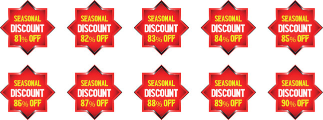 Ten red starburst badges with seasonal discount text and percentage off sale offer