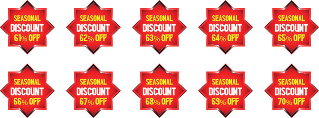 Obraz premium Red starburst badges with seasonal discount text and percentages 61 percent to 70 percent off sale offer