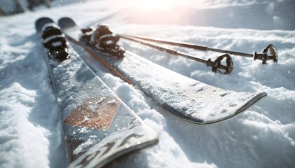 Close up ski on snowy mountain with bright light
