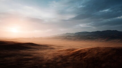 Fototapeta premium A vast desert landscape bathed in the warm glow of golden hour with rolling hills distant mountains and a dramatic cloudy sky