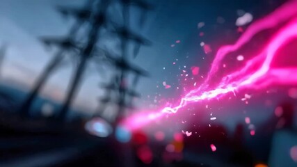 Abstract glowing lightning energy with neon sparks against blurred background of electricity poles - Powered by Adobe
