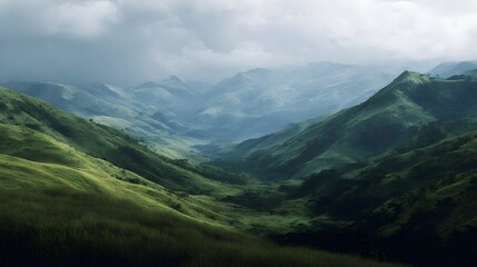 Naklejka premium A vast verdant valley unfolds between rolling green mountains under a dramatic overcast sky