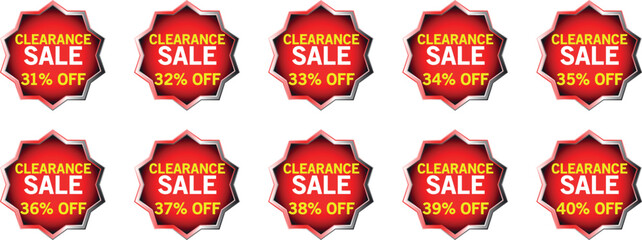 Ten red starburst badges with clearance sale and percentage off discounts vector