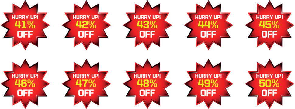 Ten red starburst discount badges with text Hurry Up 41 percent to 50 percent Off sale