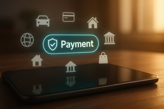 Smartphone with glowing payment button and security icons representing mobile banking and online transaction
 - Powered by Adobe