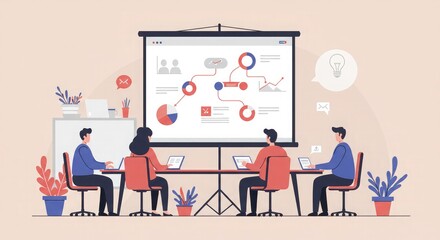 A team of professionals collaborating in a modern office setting, presenting data on a large projector screen.