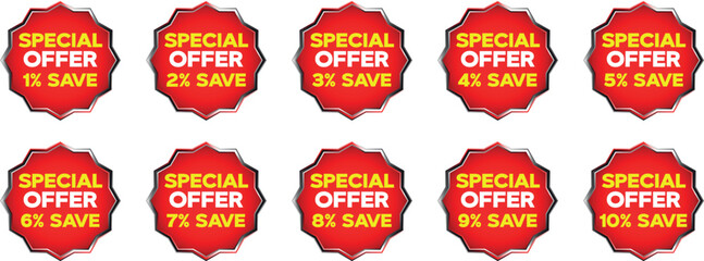 Ten Red Starburst Badges Special Offer 1 Percent to 10 Percent Save vector