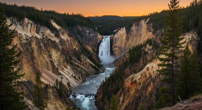 Colorful canyon waterfall at sunset