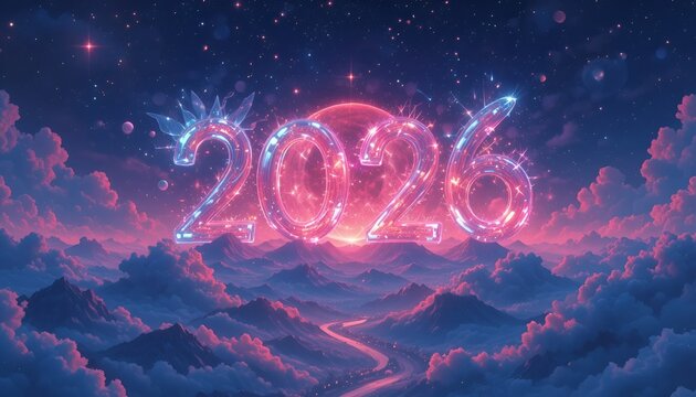 Futuristic landscape with glowing numbers floating above dreamy mountains and clouds