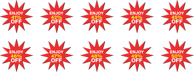 Red starburst discount badges with percentages from 41 to 50 percent off sale