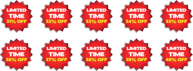 Red starburst badges with limited time discount percentages from 31 to 40 percent sale