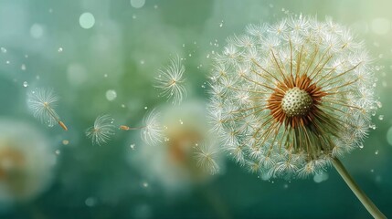 Dandelion seeds drift with the wind.