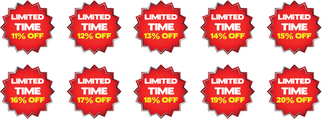Red starburst badges with limited time discount percentages from 11 to 20 percent sale