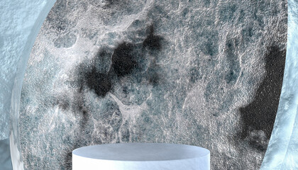 Empty stone podium on rough ice wall background for product display, cold winter scene with rock texture for cosmetic or drink presentation.