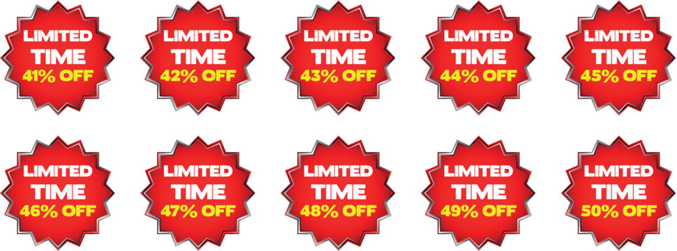 Ten red starburst badges with white text limited time and yellow text percentage off sale discount