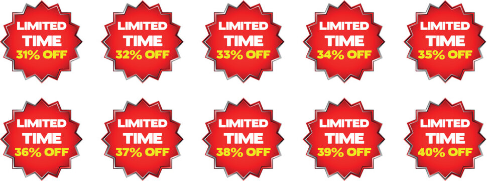 Red starburst badges with limited time discount percentages from 31 to 40 percent sale