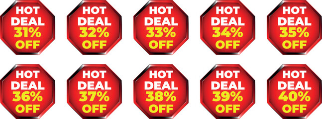 Red Octagon Hot Deal Discount Badges 31 Percent to 40 Percent Off sale