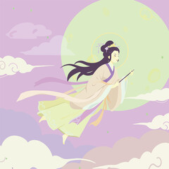 Elegant Woman in Flowing Robe Flying in Sky.