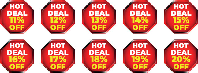 Red octagon badges with hot deal text and percentage discounts from 11 to 20 percent vector