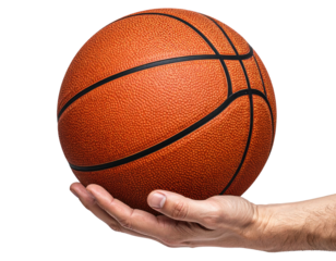 A basketball held in a hand against a black background