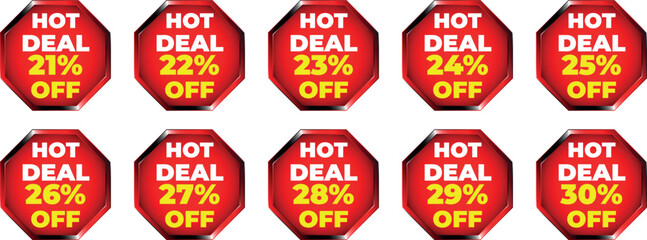 Red octagon hot deal discount badges with percentages from 21 to 30 percent off sale