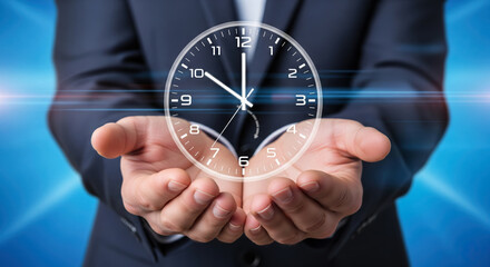Professional man in suit controlling time with digital display, corporate strategy and organization, futuristic innovation for productivity, abstract blue background with light.