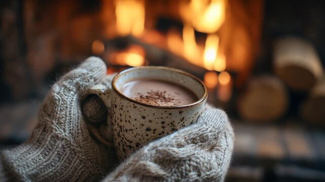 Enjoying a warm cup of hot chocolate while snuggled in knitted gloves next to a glowing fireplace. The perfect way to relax on a chilly day