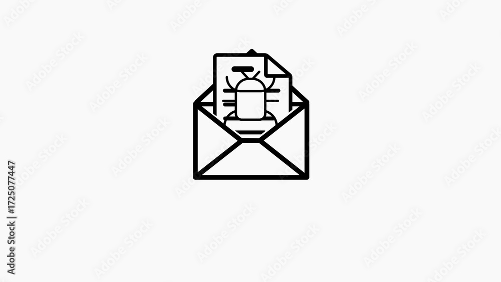 Poster black and white outline of an open envelope with a document and a bug icon on a white background pap
