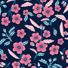 Seamless vector pattern with hand drawn groovy vintage flowers. Perfect for textile, wallpaper or print design. 
