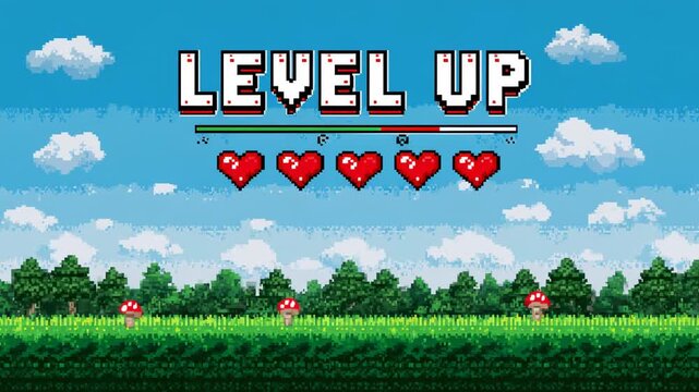 Pixel art video game scene with level up text hearts and mushrooms in retro style landscape background