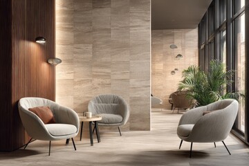Light beige stone-tiled lobby with upholstered seating