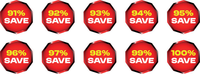 Red Octagonal Sale Badges With Percentage Discounts From 91 To 100 Percent vector