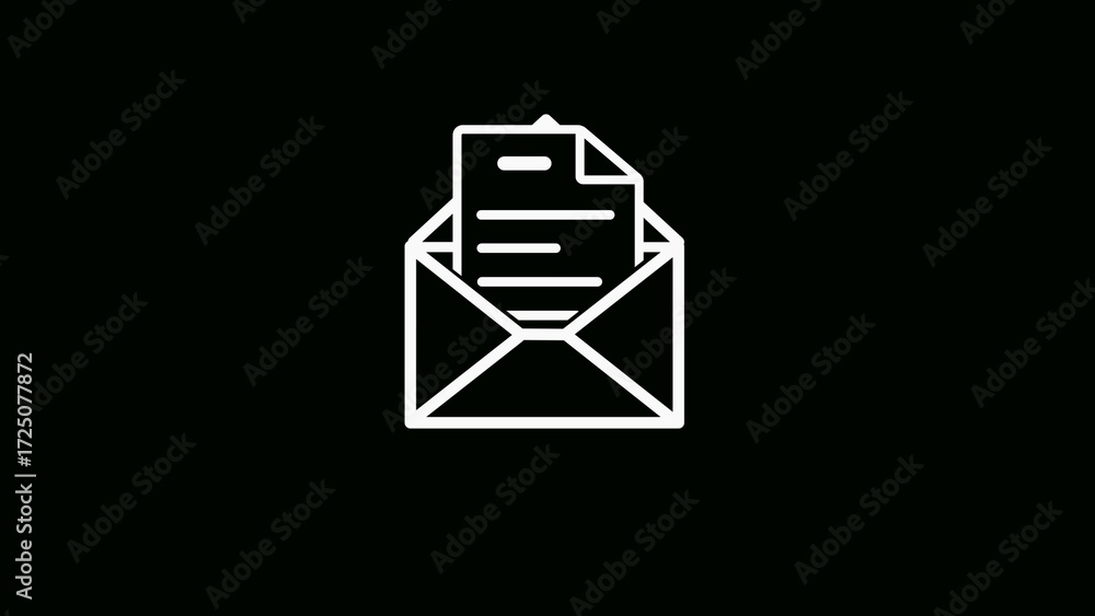Aufkleber white outline icon of an open envelope with a document inside on a black background letter mail