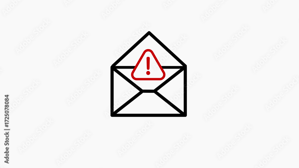 Poster email icon with red exclamation mark warning symbol on white background envelope message