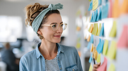 a woman contemplating with the colorful sticky notes, demonstrating planning and organizing