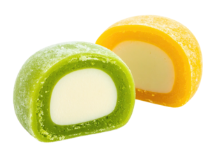 Two halves of round, colorful,  sweet treats.  One green, one orange, both with white filling