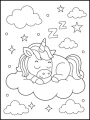 Cute Sleeping Unicorn Coloring Page for Kids Featuring a Magical Cartoon Unicorn Resting on a Cloud with Stars and Moon