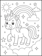 Adorable Unicorn Coloring Page for Kids Featuring a Smiling Cartoon Unicorn with Rainbow, Clouds, Sun, and Stars. Magical Fantasy Activity Sheet for Children