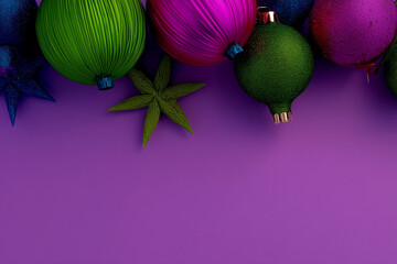 Christmas background with festive decorations &mdash; glowing lights, ornaments, Christmas tree branches, gifts